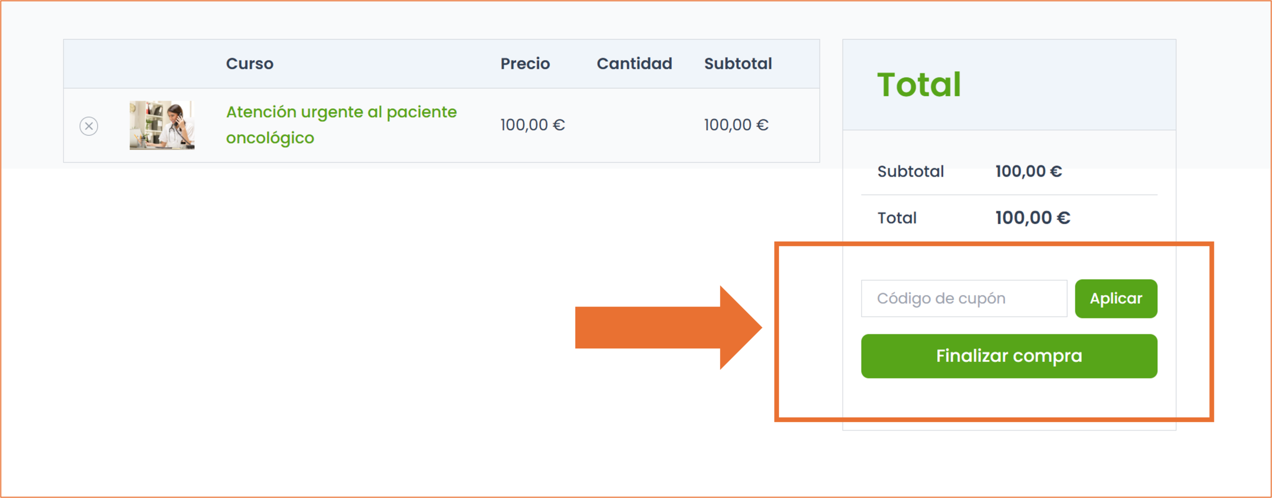 ¿Dónde debo introducir el cupón de descuento o gratuidad para un curso?